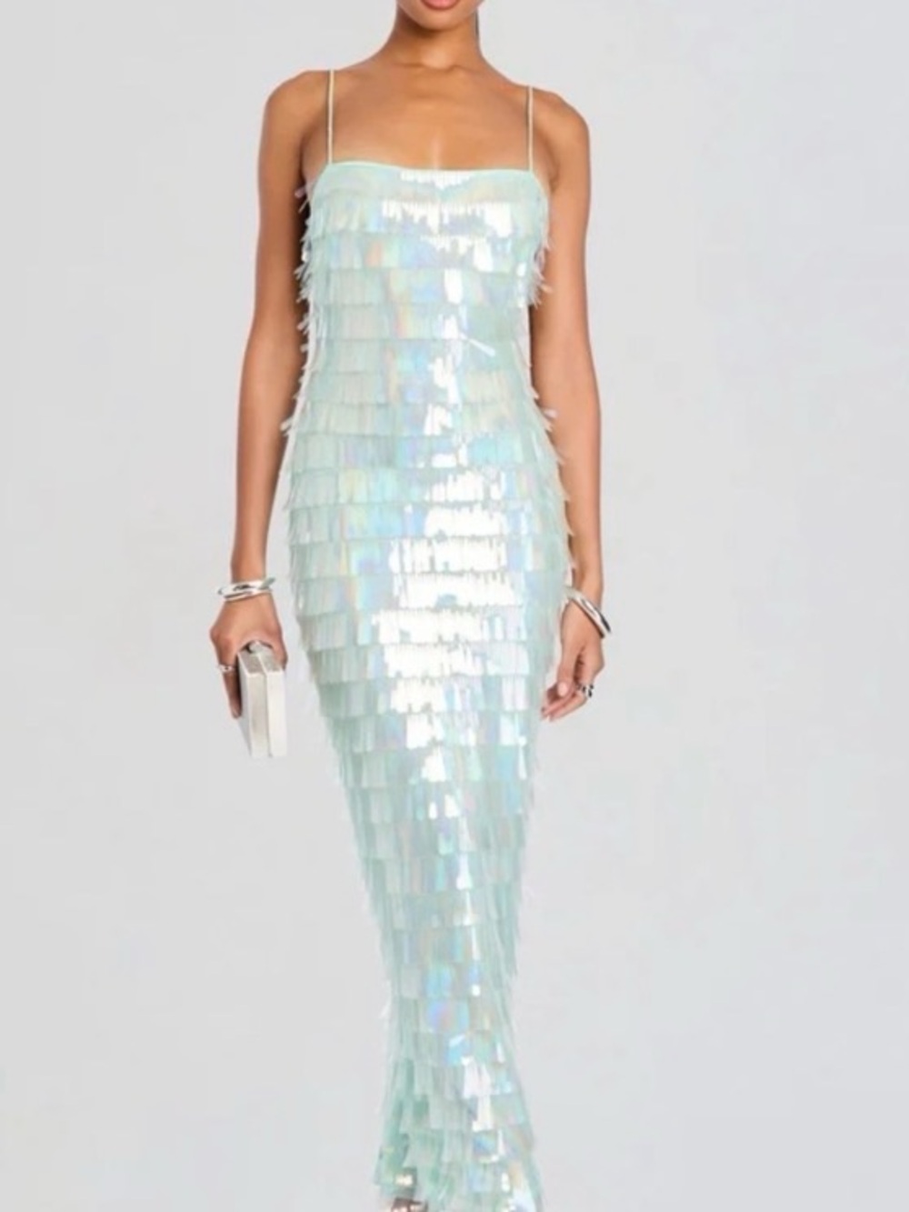Retrofete Iridescent Pale Blue Sequin Tiered Maxi Dress
